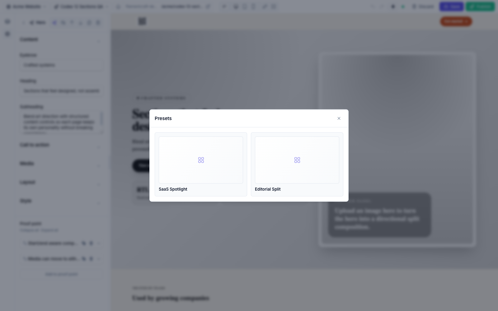 A section's presets modal