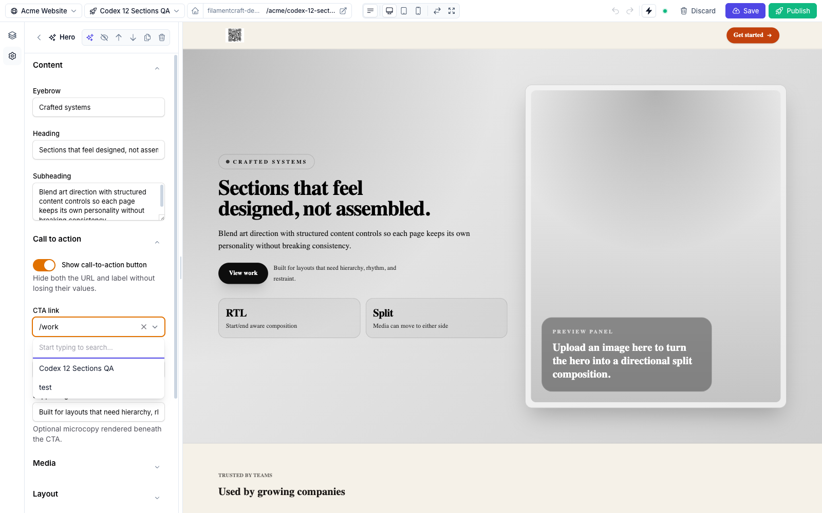 The TemplateUrlPicker field open in the editor
