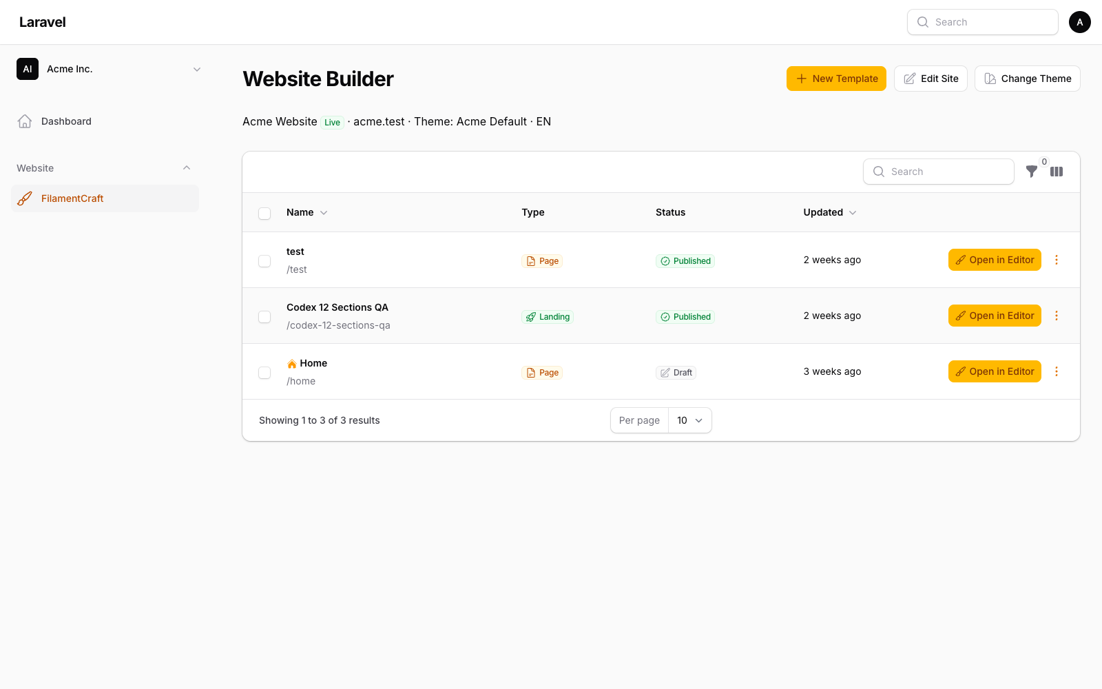 The Templates resource list