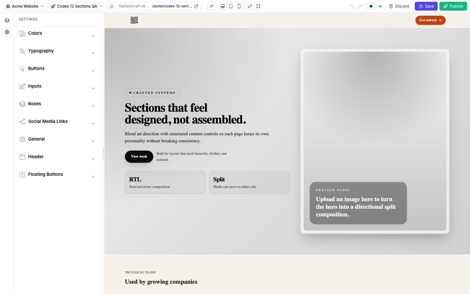 The theme settings panel